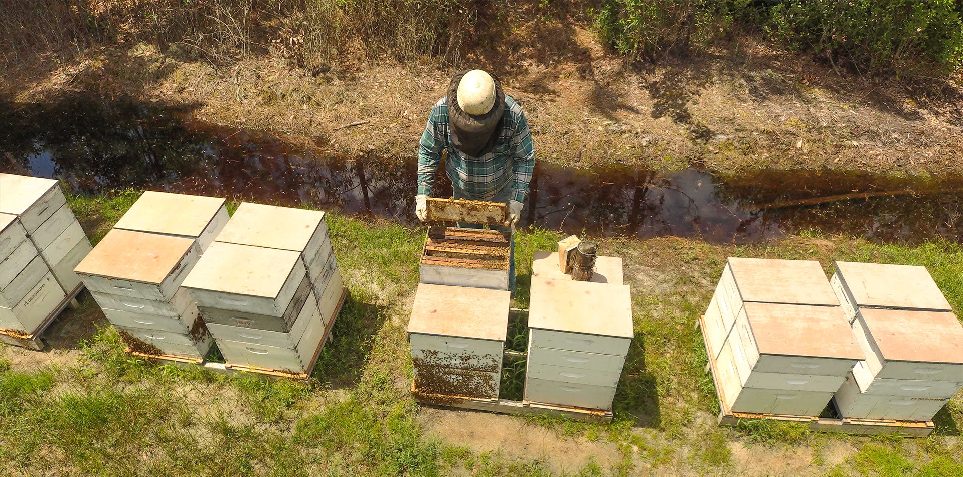 a beekeeper around several beehives in a field