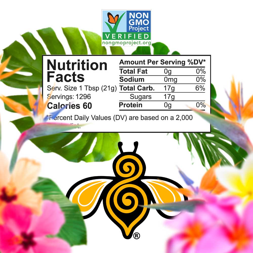 Nutrition facts of the bucket of honey and the Non GMO project verified logo