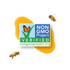 The NON GMO Project logo, with honey underneath and 2 bees flying around it.