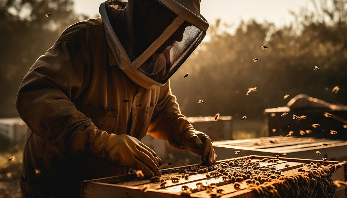 Beekeeper working with active beehives surrounded by flying honey bees, representing bulk and wholesale honey production.