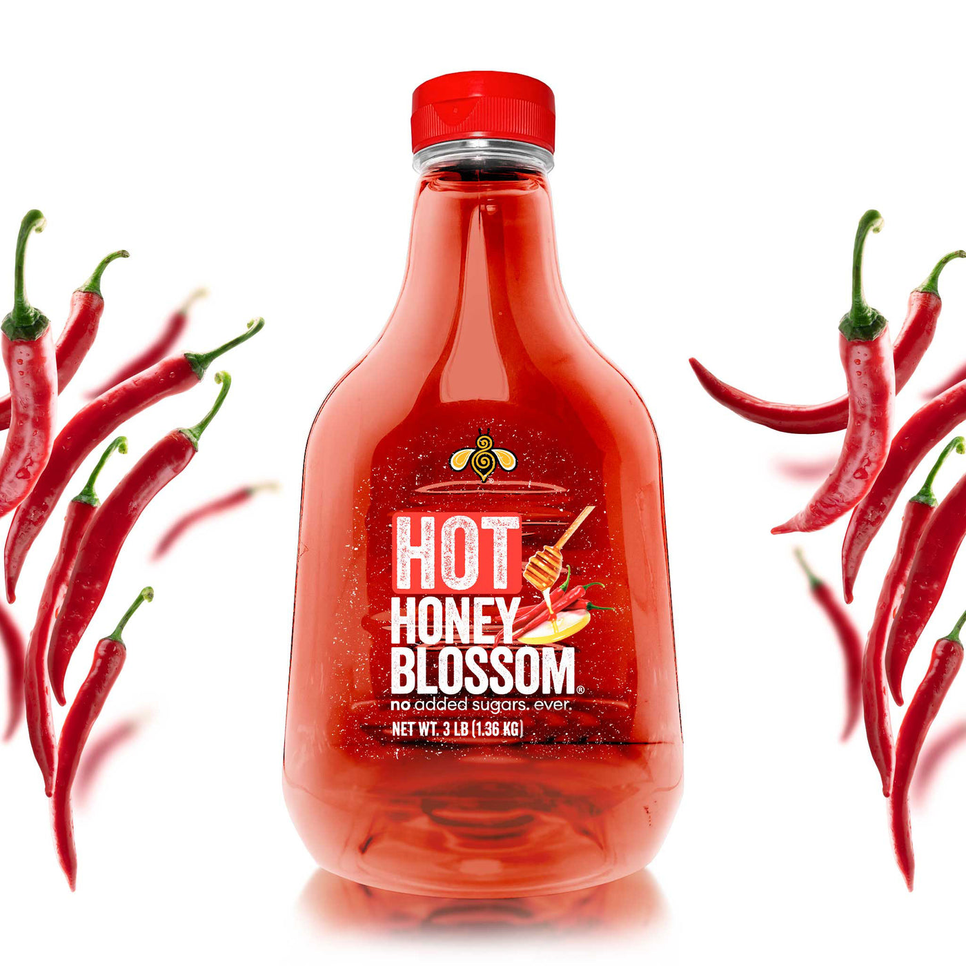 A 3 lb bottle, filled with hot honey surrounded by cayenne peppers