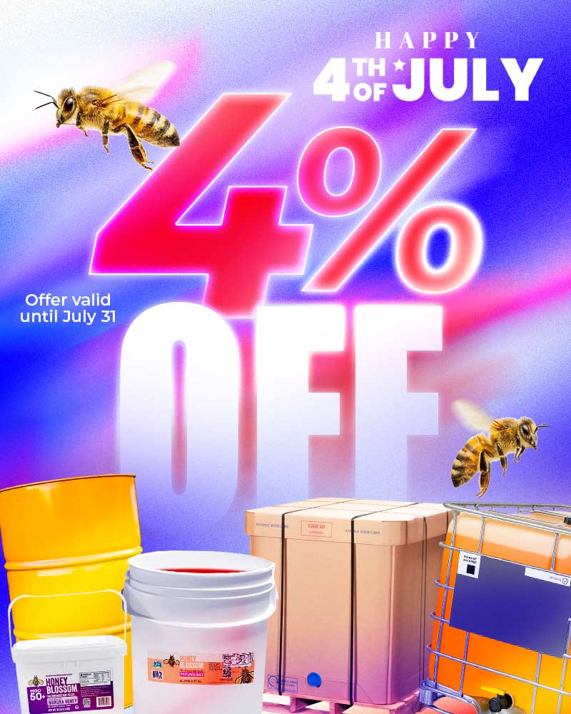 Promotional Independence Day banner featuring honey containers, drums, totes, and bulk honey packaging surrounding a bold “4% OFF” offer. Patriotic red, white, and blue background with bees and text indicating the discount is valid through July 31.