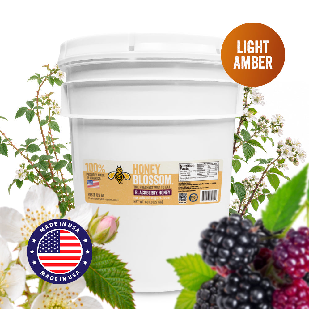 1. Honey Blossom Blackberry Honey Light Amber 60-lb bucket, proudly made in the USA