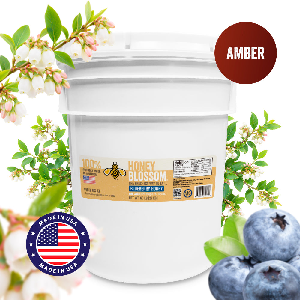 Honey Blossom Blueberry Honey Amber 60-lb bucket, proudly made in the USA