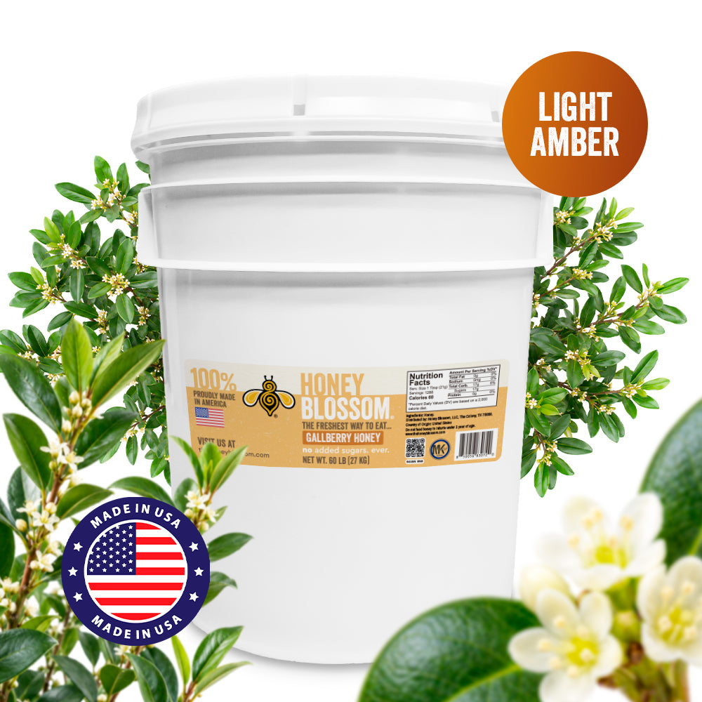 Honey Blossom Gallberry Honey Light Amber 60-lb bucket, proudly made in the USA