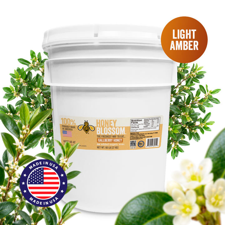 Honey Blossom Gallberry Honey Light Amber 60-lb bucket, proudly made in the USA