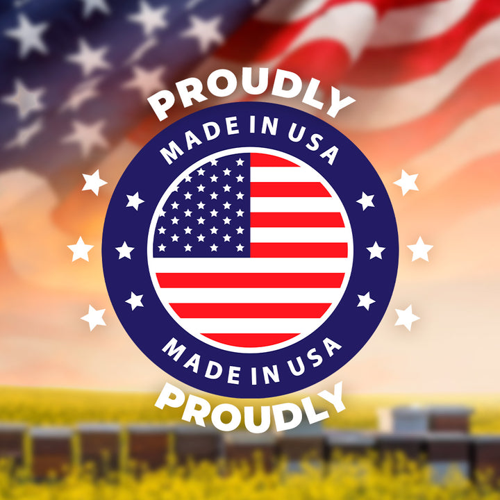 Proudly Made in USA badge featuring an American flag emblem, with beehives in a field and a waving U.S. flag in the background.