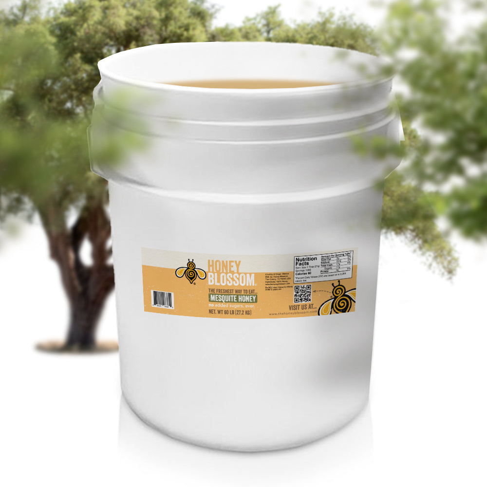 A 60 lbs bucket filled with mesquite honey that is surrounded by mesquite trees