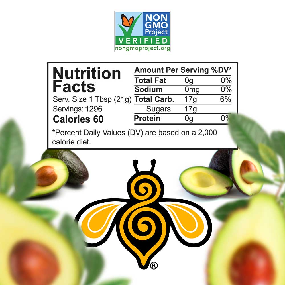 Nutrition facts of the bucket of honey and the Non GMO project verified logo