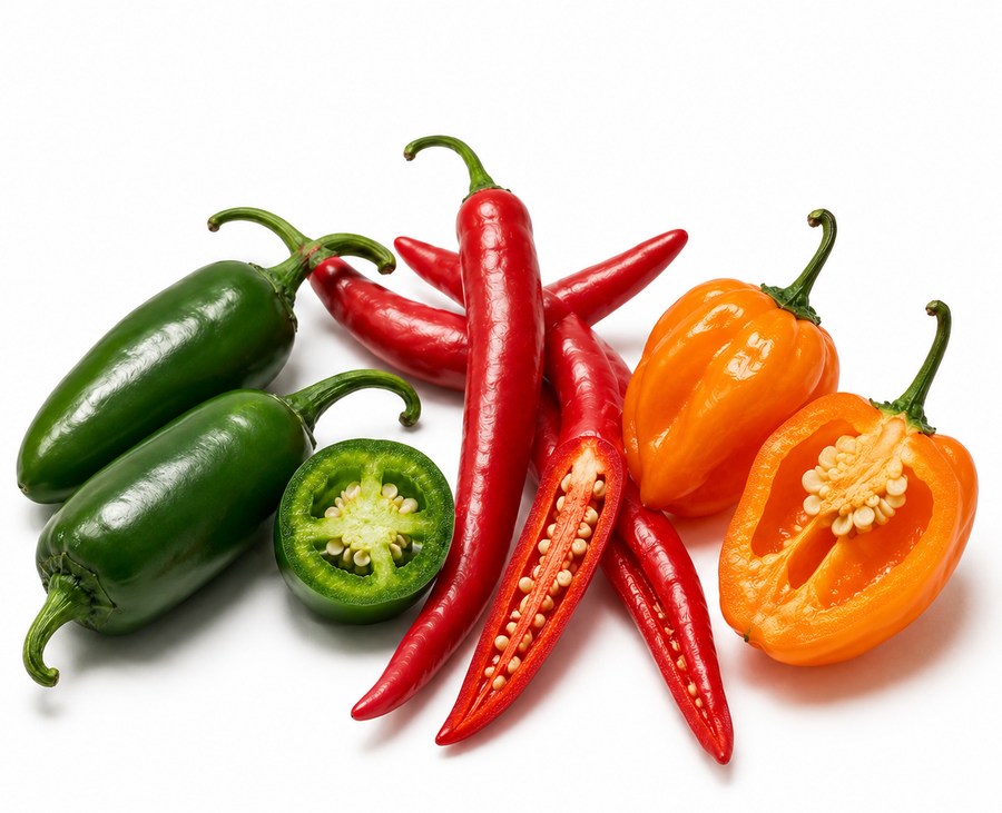 A mix of jalapeño, cayenne, and habanero peppers
