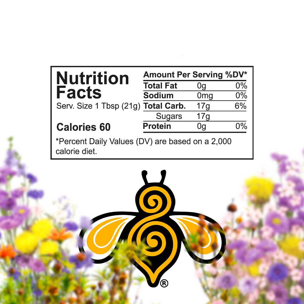 A close-up photo of a nutrition label and the logo of the nongmo certification. The label includes information about the serving size, calories, fat, sodium, carbohydrates, protein, and sugars.