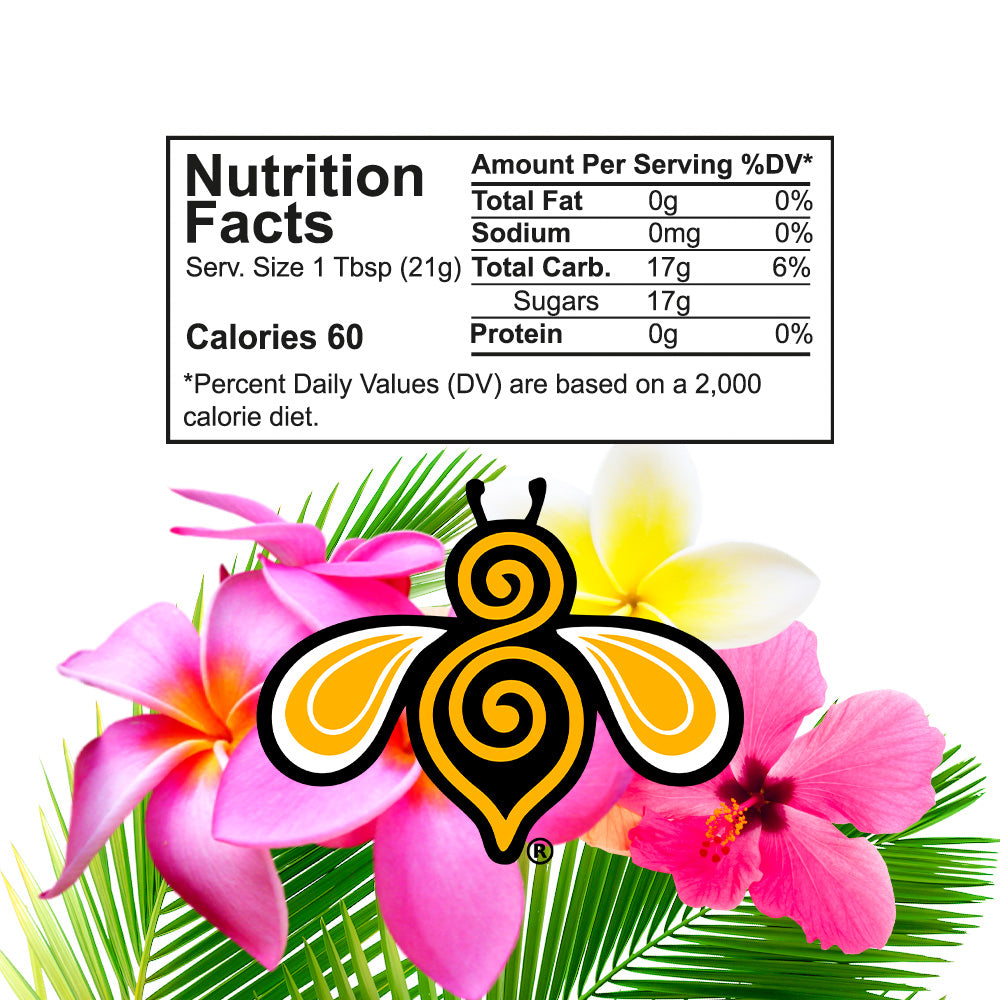 Jungle Honey nutrition facts showing 60 calories per 1 tablespoon (21 g), 17 g of carbohydrates, 17 g of sugars, 0 g of fat, 0 mg of sodium, and 0 g of protein. Honey Blossom bee logo surrounded by vibrant pink plumeria, tropical hibiscus, white frangipani, and lush green palm leaves on a clean white background. Full nutritional information is available in the product description.