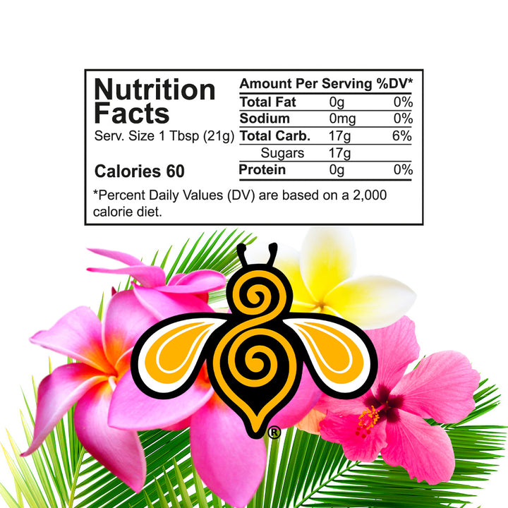 Jungle Honey nutrition facts showing 60 calories per 1 tablespoon (21 g), 17 g of carbohydrates, 17 g of sugars, 0 g of fat, 0 mg of sodium, and 0 g of protein. Honey Blossom bee logo surrounded by vibrant pink plumeria, tropical hibiscus, white frangipani, and lush green palm leaves on a clean white background. Full nutritional information is available in the product description.