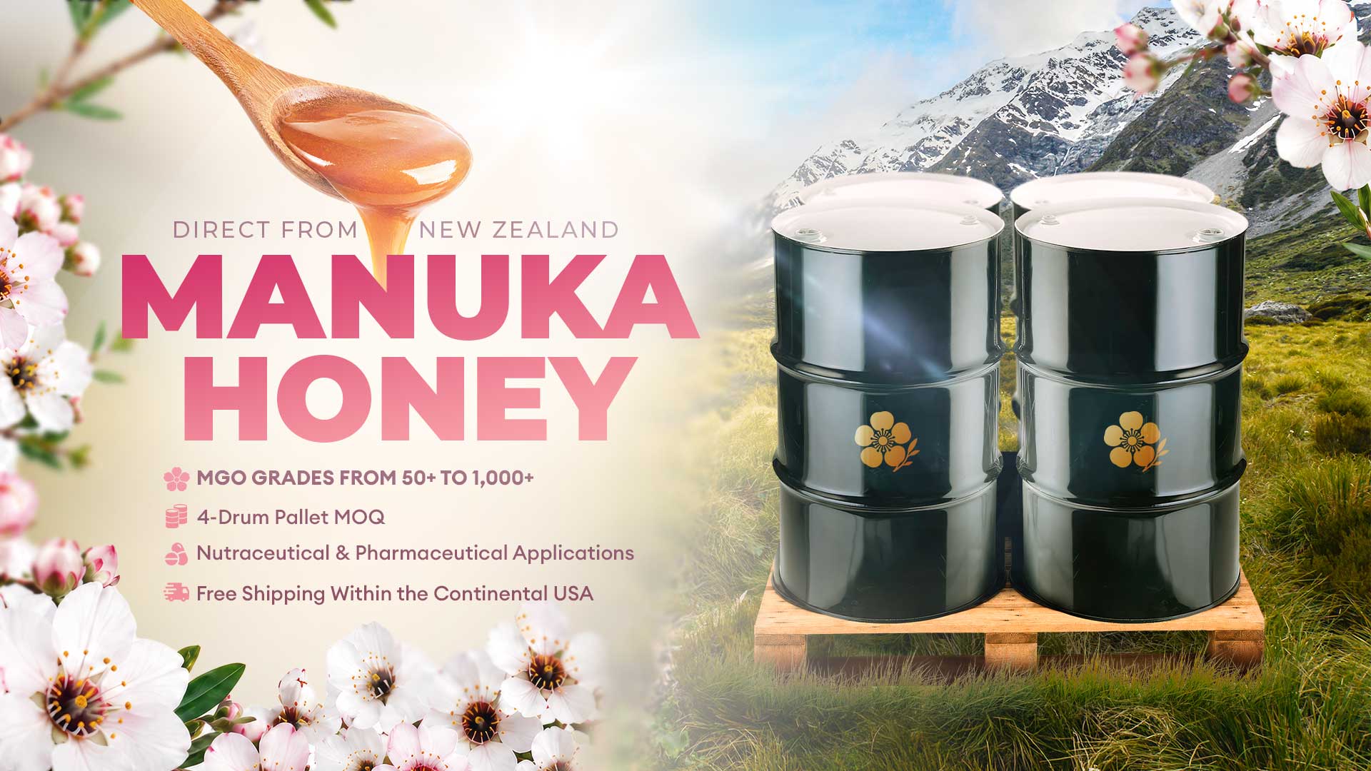 Promotional banner for New Zealand Manuka honey featuring honey dripping from a wooden spoon, blooming Manuka flowers, and four black honey drums on a pallet set against a mountain landscape. Text highlights MGO grades from 50+ to 1,000+, bulk pallet orders, nutraceutical and pharmaceutical applications, and free shipping within the continental USA.
