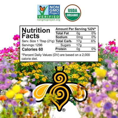 non gmo logo, and usda organic logo, with wildflowers around them