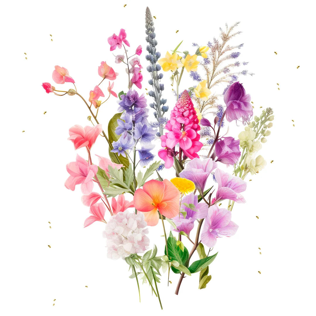 Colorful assortment of wildflowers in pink, purple, yellow, and blue with small honey bees, representing diverse floral sources for wildflower honey.