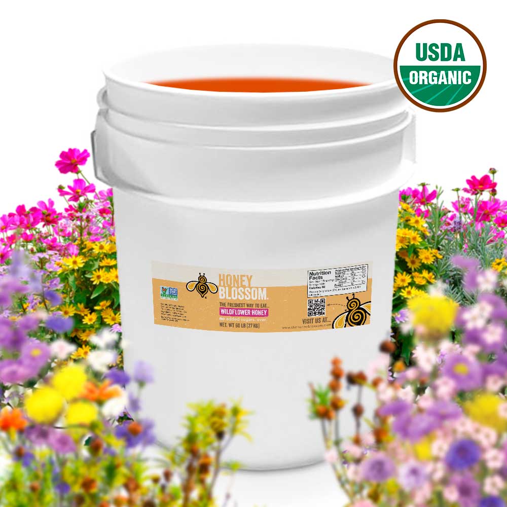 Bucket with wildflowers around it, and USDA Organic Logo