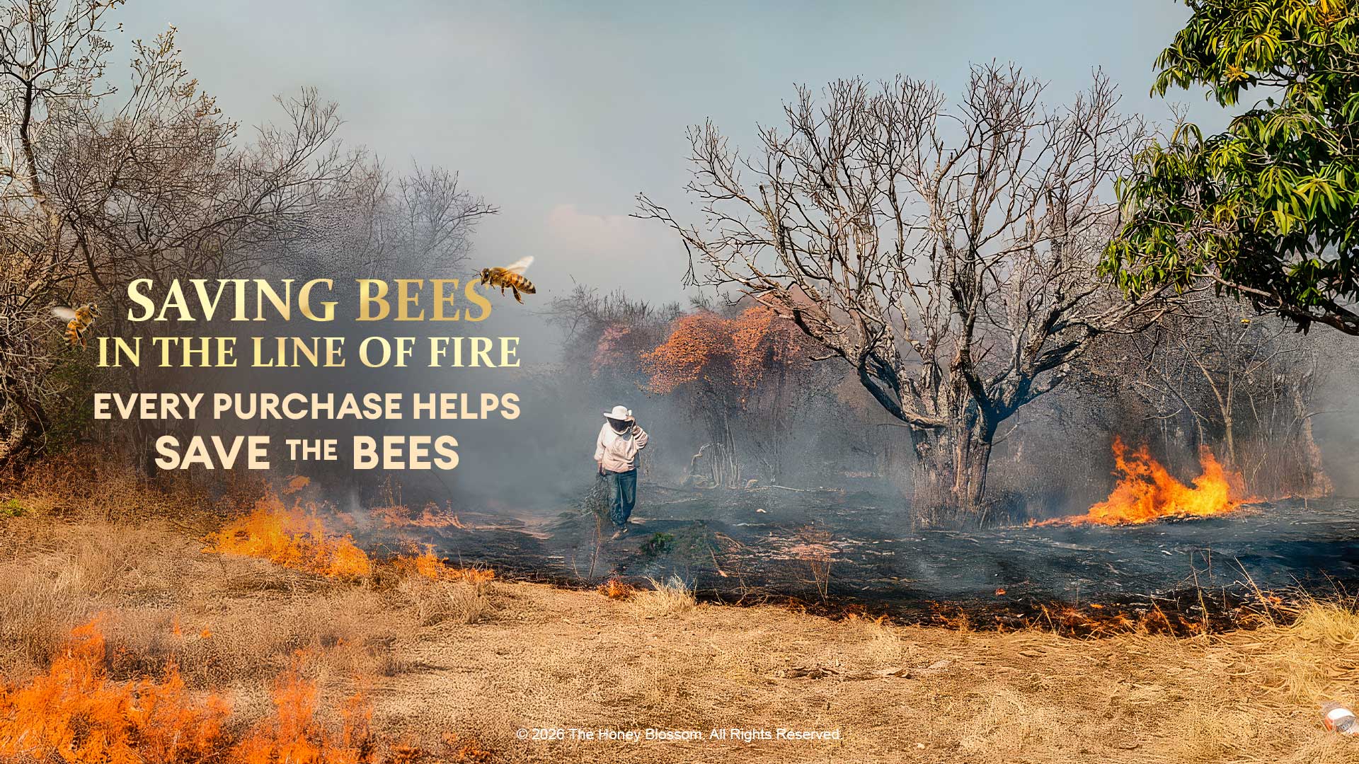 Wildfire burning across a dry landscape as a beekeeper walks through smoke near threatened habitats. Flames surround scorched vegetation while bees fly overhead. Promotional text reads “Saving Bees in the Line of Fire” and “Every Purchase Helps Save the Bees,” highlighting support for beekeepers protecting colonies during wildfire emergencies.