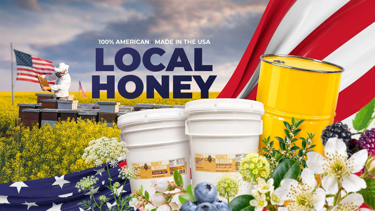 Honey Blossom local honey banner featuring bulk honey buckets, a yellow drum, a beekeeper, blossoms, berries, and American flags, with the text “Local Honey” and “100% American • Made in the USA.”