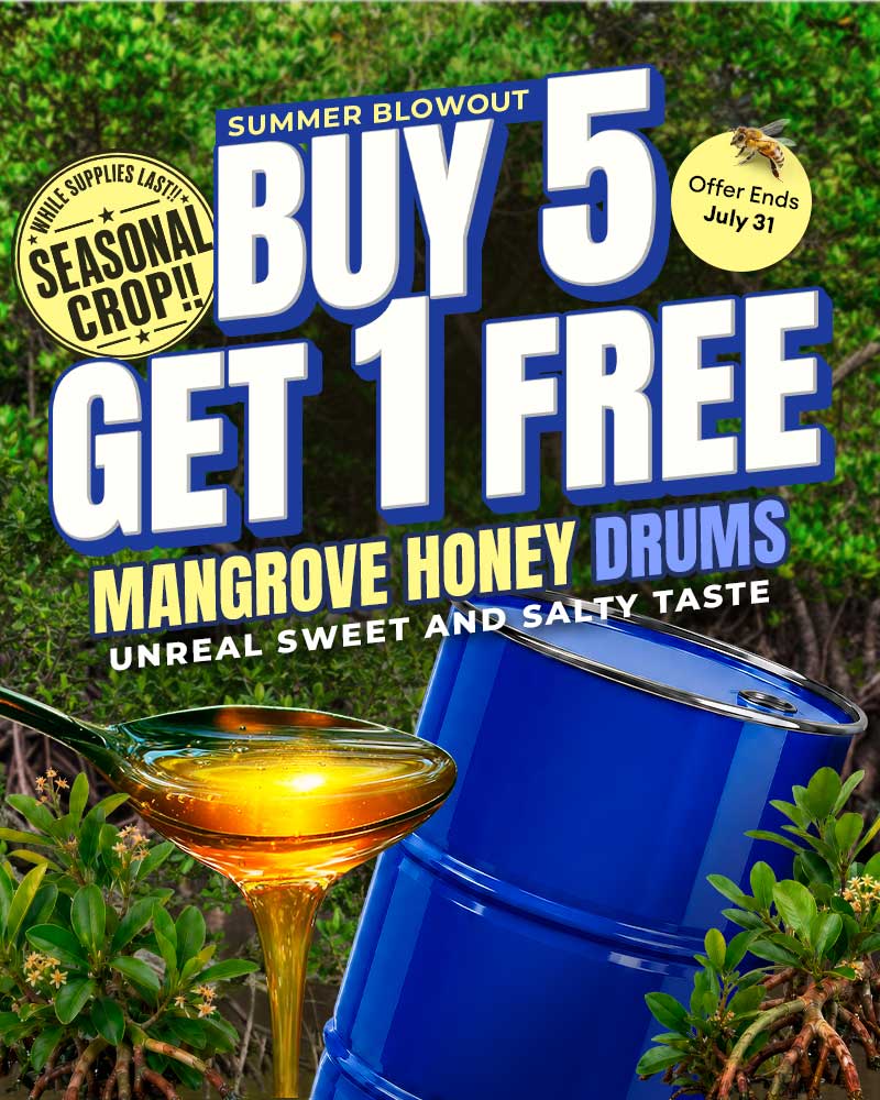 Promotional banner featuring Mangrove Honey drums with a “Buy 5, Get 1 Free” summer offer, surrounded by mangrove trees, honey, and bees. The seasonal promotion ends July 31.