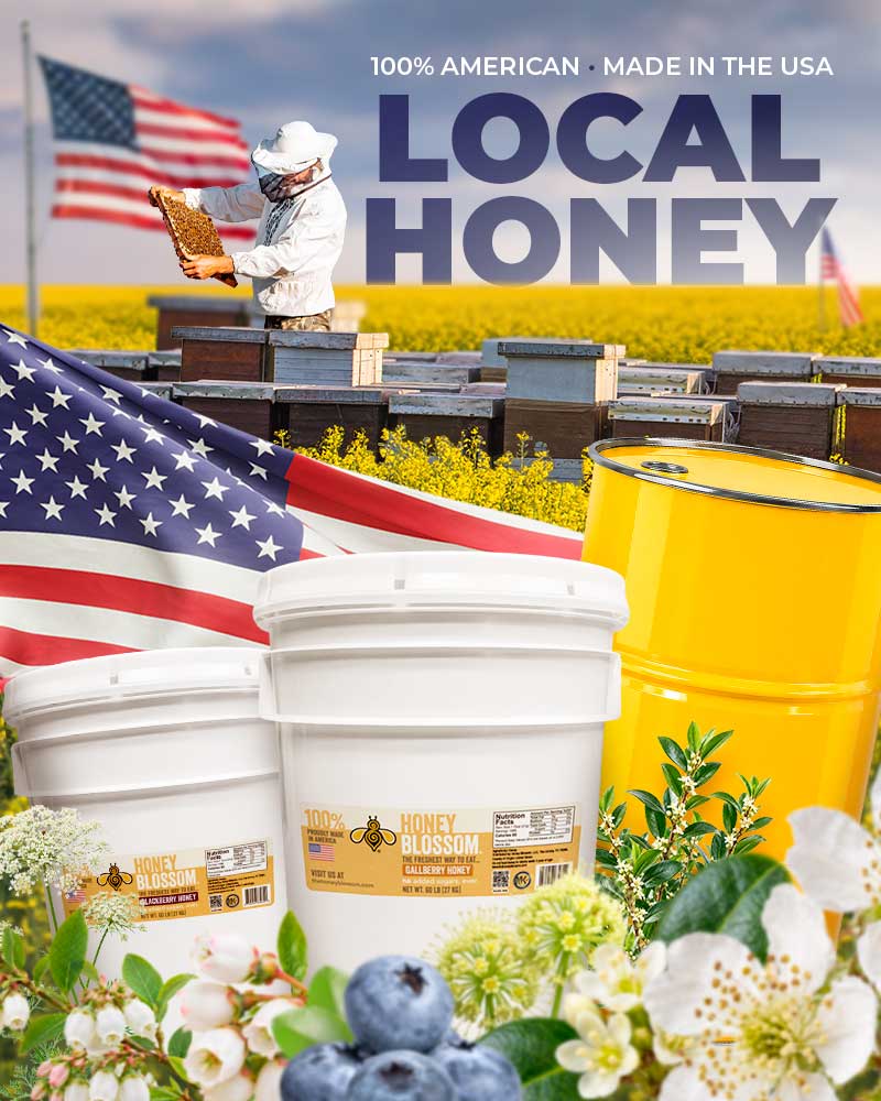 Honey Blossom local honey banner featuring bulk honey buckets, a yellow drum, a beekeeper, blossoms, berries, and American flags, with the text “Local Honey” and “100% American • Made in the USA.”
