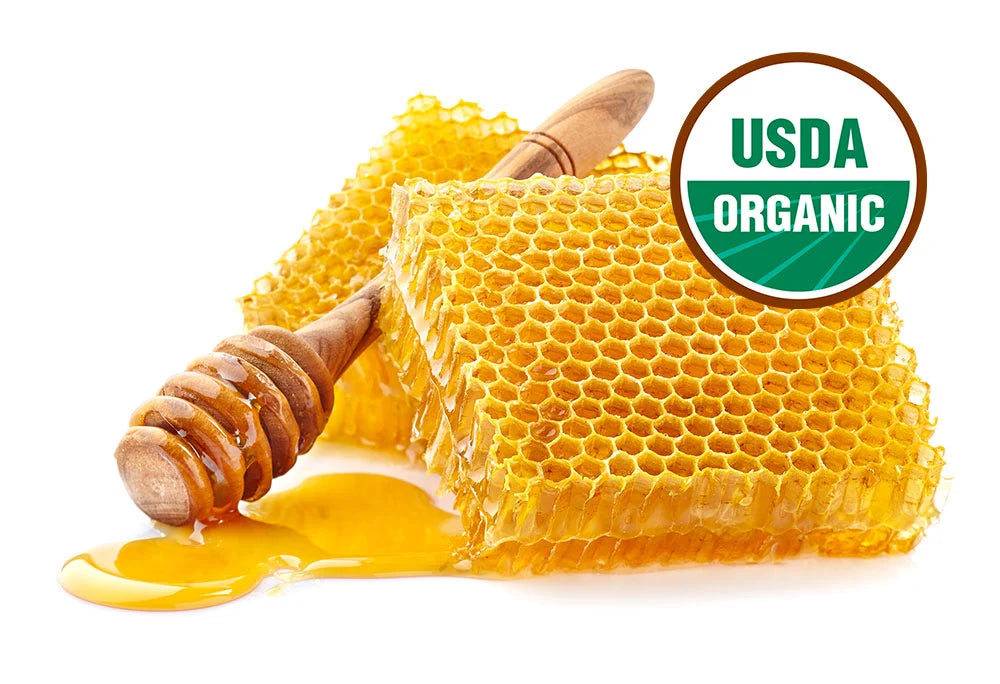 USDA Organic honey featuring golden honeycomb and a wooden honey dipper with flowing raw honey on a clean white background.