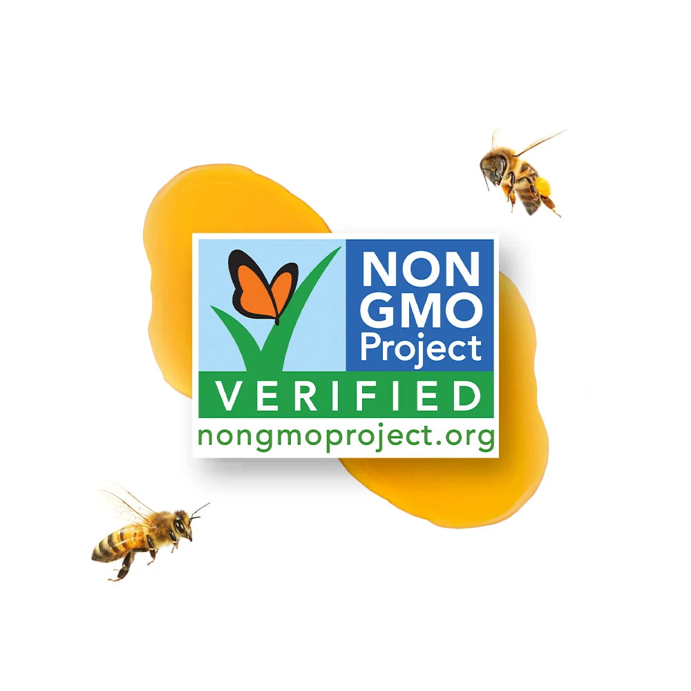 Non-GMO Project Verified logo displayed over golden honey with honey bees on a clean white background.