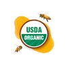 USDA Organic logo, over honey and 2 bees flying