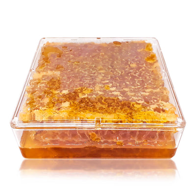 A transparent box with a honeycomb and honey in it